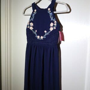 🌸 IZ Byer Girls Floral Maxi Dress – Size 12 Navy Blue with Pink & Blue Flowers